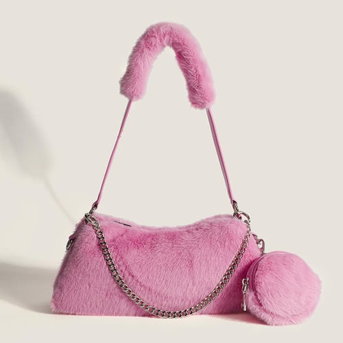 Korean Women Winter Soft Fluffy Fur Small Handbag Plush Chain Top Handle Bag Designer Purses Hobo Furry Luxury Tote Bag