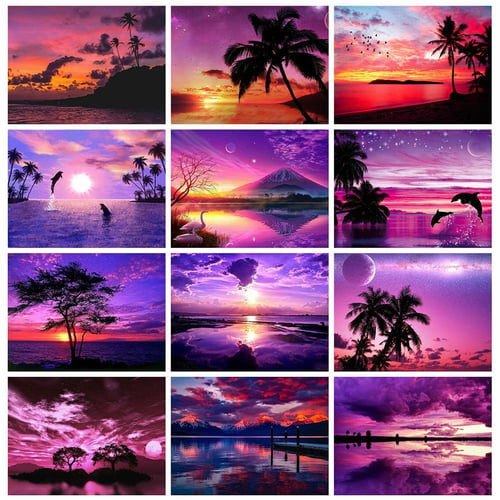 Palm Trees, Pink Purple Sunset And Large Moon DIY Diamond Painting