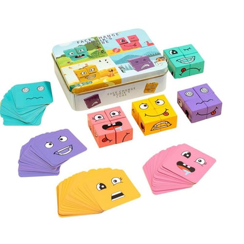  Wooden Face Changing Magic Cube Game, Expression Puzzle  Building Blocks Pattern Matching Game, Educational Puzzles Toy Board Games  for Kids and Adults with Bell : Toys & Games