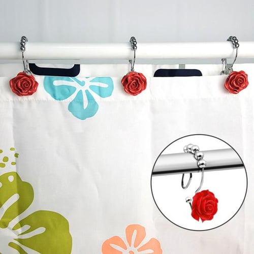 12pcs Shower Curtain Hooks, Home Decor Resin Rose Flower Shaped Anti-rust Shower  Curtain Hooks For Bathroom Shower Rods / Curtains (red)