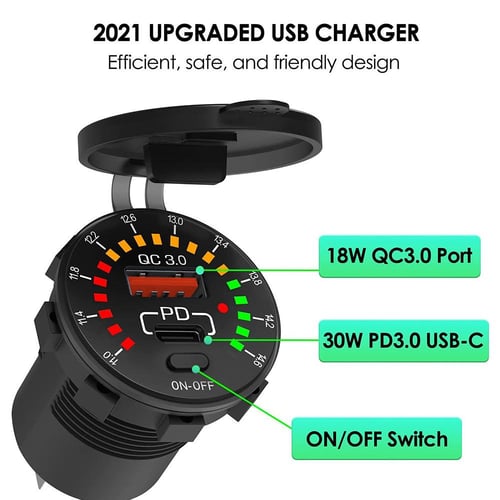 USB Outlet 12V/24V 18W PD & QC 3.0 USB Car Charger Voltmeter Car Boat Truck