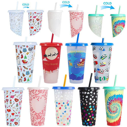 710ml Reusable with Straws Creative Water Cups Changing Colour Cup Magical  Plastic Cold Water Color Changing Cup for Halloween