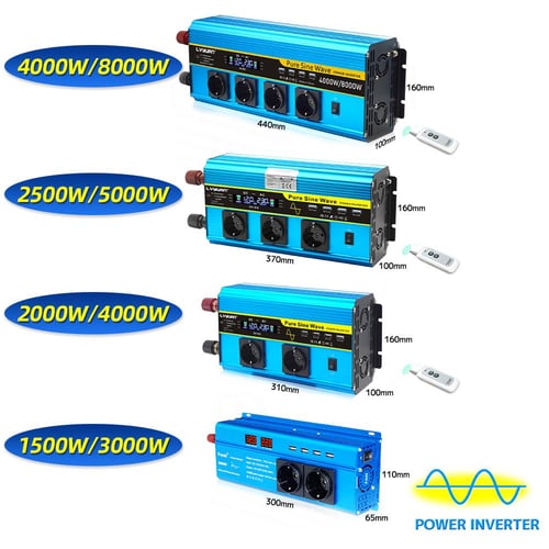 Pure Sine Wave 1000W 1500W 2200W 2600W DC 12V To AC 220V Car Power Inverter  Adapter Converter With 3.1A Dual USB EU/Universal