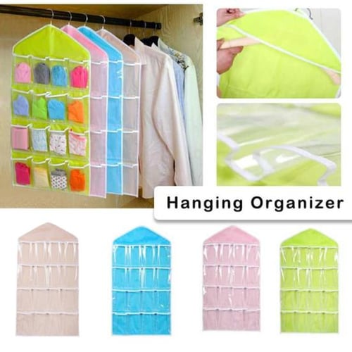 16 Pockets Clear Over Door Hanging Bag Shoe Rack Hanger Underwear Socks Bra  Closet Storage Tidy Organizer (Green) 