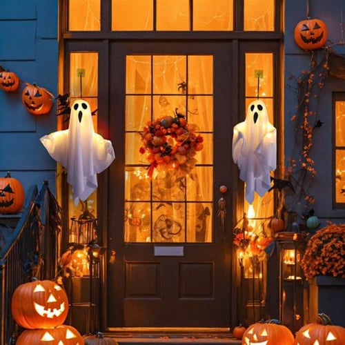 Halloween Decorations Outdoor Spooky Hanging Ghost Signs with String Lights Battery Operated Front Door Lamp Party Supplies image 9 - ZOOD