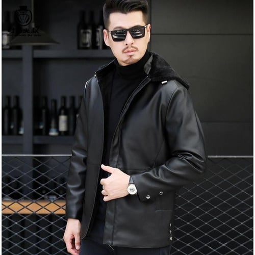 Velvet Warm Classic Detachable Hooded Leather Men's Jacket Velvet Warm Classic Detachable Hooded Leather Men's Jacket