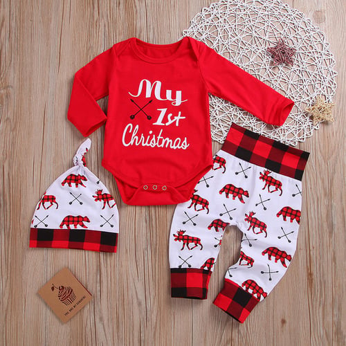 Christmas Baby Newborn First Xmas Romper +Pants+Hat Clothes - buy