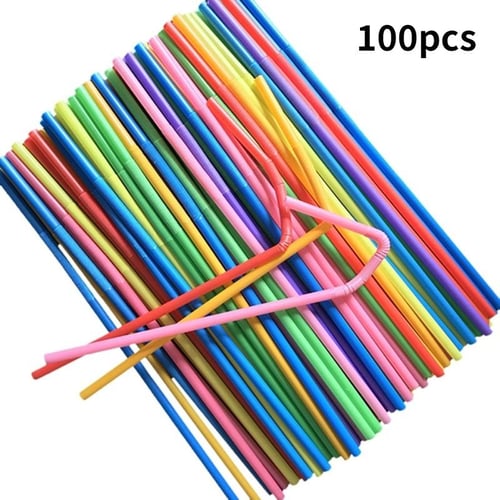 100Pcs Flexible Long Drinking White STRAWS Plastic Disposable