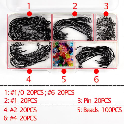 1Box 100 Worm hook + 20pcs Bait Pin Spring + 100 Beads Worm Jig