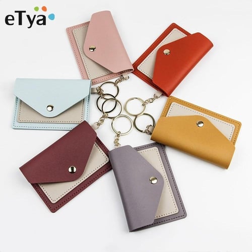 Slim Womens Patchwork Red Leather Card Wallets with Keychain Cute Zip