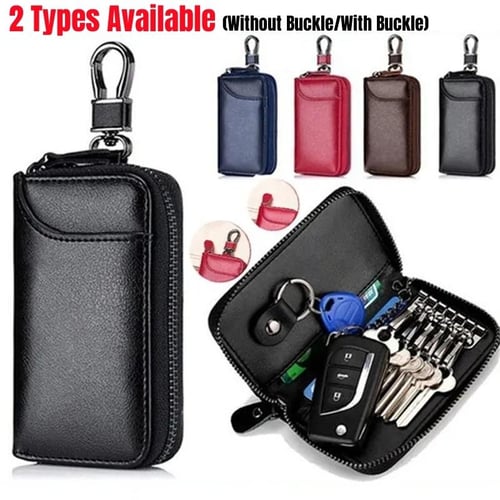 Leather Multifunction Car Key Pouch Zipper Keys Storage Bag Hanging Waist  Key Case Holder for Men (Black) 