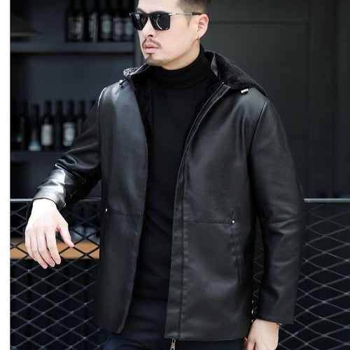 Velvet Warm Classic Detachable Hooded Leather Men's Jacket Velvet Warm Classic Detachable Hooded Leather Men's Jacket