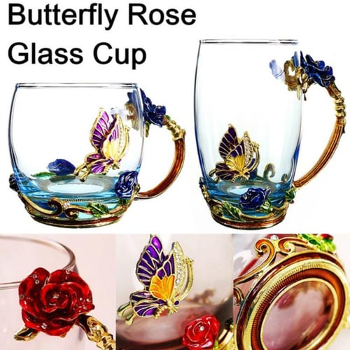 Elegant Tea Cup Glass Coffee Mugs Enamel Rose Flower Butterfly Drinking Cup  New