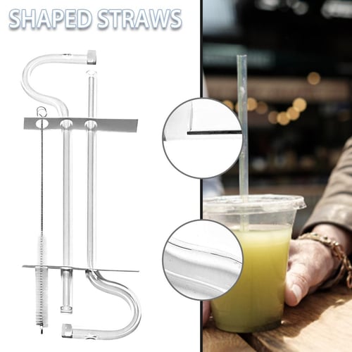 2pcs Anti Wrinkle Straw Coffee For Cocktail Reusable Curved Flute Style  Juice Glass With Cleaning Brush