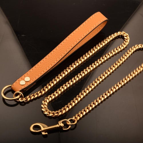 Stainless Steel Gold Chain Dog Leash Leather Handle Training Slip
