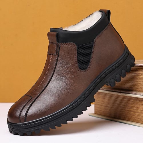 Men's Winter Warm Faux Leather Snow Boots Outdoor Slip-On Casual