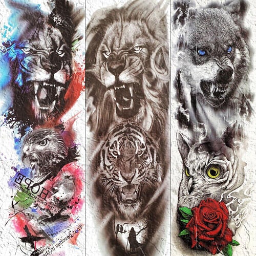 Upper Arm Sleeve Tattoo Crown Lion Tiger Wolf Head Waterproof Temporary  Tattoo Stickers Body Art Fake Tattoo For Women Men