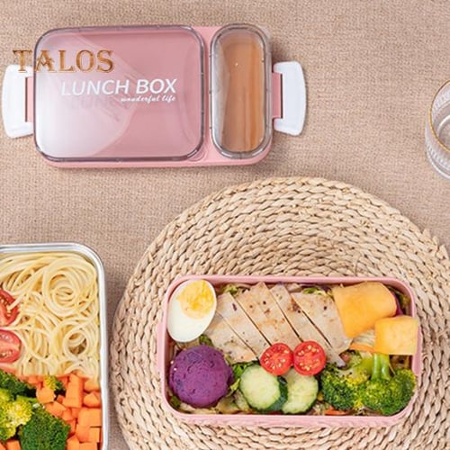 Cheap Bento Lunch Box 2-Compartment Double Layer with Sauce Container  Reusable Spork Leak-proof Beto Box Home Supply