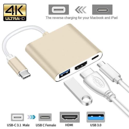 3 in 1 Type-C Hub to HDMI USB 3.0 4K Converter / Aluminum Shell Adapter USB  C 3.1 Hub Adapter - sotib olish 3 in 1 Type-C Hub to HDMI USB 3.0
