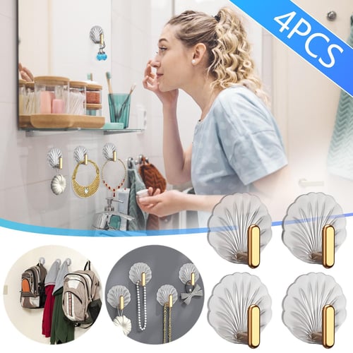 4pcs Creative Shell Shape Wall Hanging Hook Punch-free Strong Adhesive Hook  Bathroom Kitchen Wall-mounted Seamless Sticky Hook