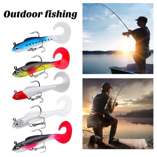 Cheap 6Pcs 6cm/4g Luminous Soft Fishing Lures Pre-Rigged Jig Head Swimbaits  Realistic 3D Eyes Bright Colors Curling Tail Fake Lures