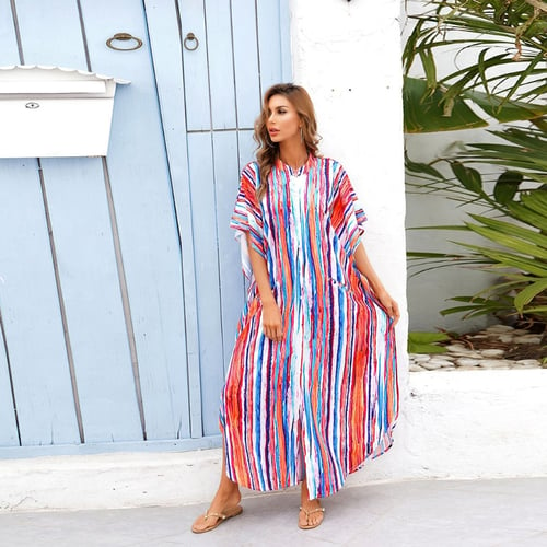 Women on Up Loose Beach Shirt Dress Rainbow Vertical Striped Print