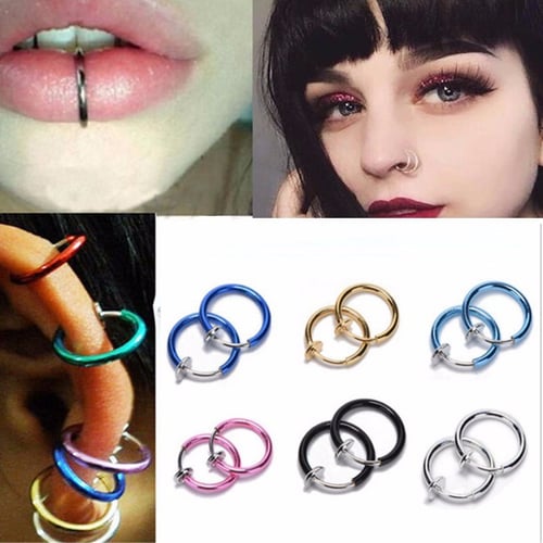 13mm 2 Piece Fake Nose Ring Goth Punk Lip Ear Nose Clip On Fake