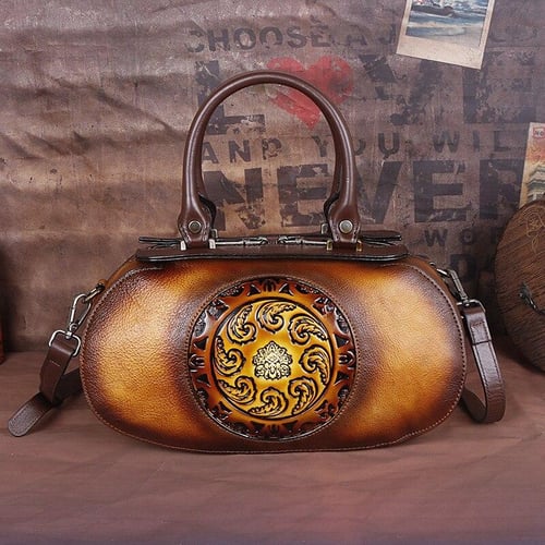 Johnature Genuine Leather Women Bag Retro Embossed Chinese Style