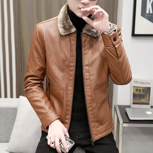 Men s Plush Leather Jacket Autumn and Winter New Korean Version