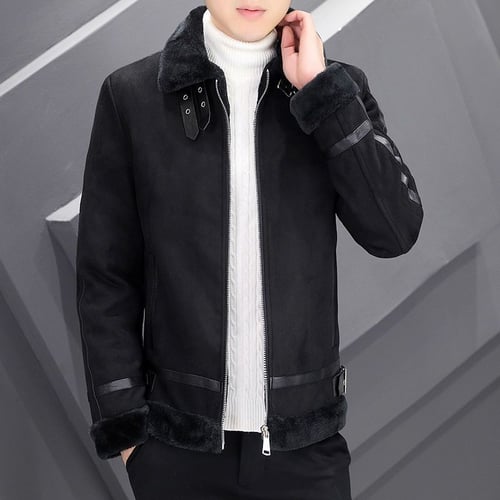 Shearling lapel thicken warm slim discount men's denim jacket