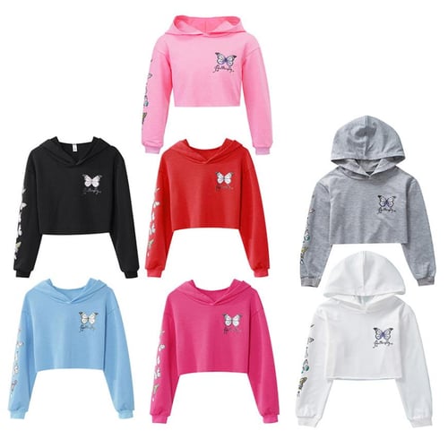 Girls Butterfly Print Hooded Crop Tops Jackets Kids Sweatshirts