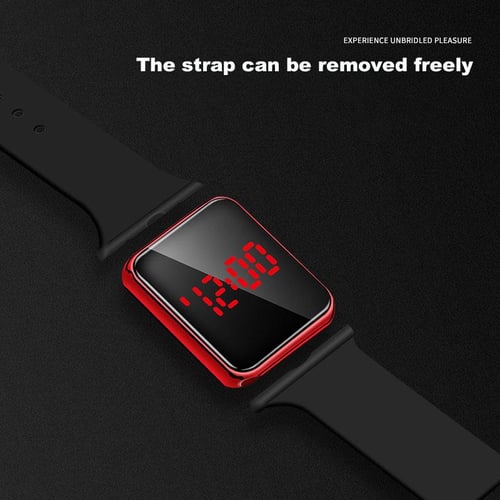 New hot square mirror face silicone band digital watch red led watches metal frame shop