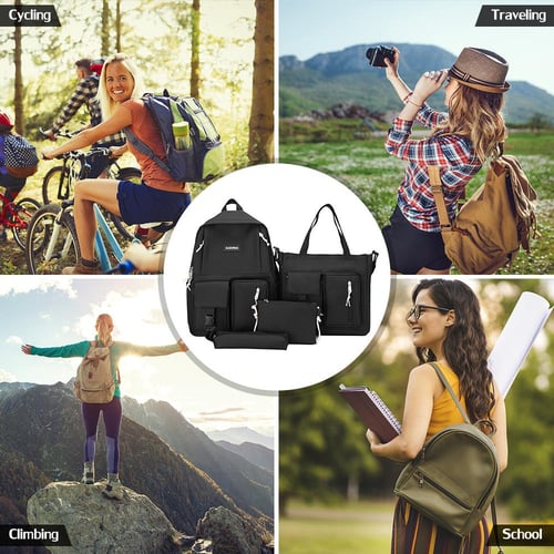 4 pcs Canvas Backpack Combo Set School Bags with Crossbody Bag Pencil Box Casual School Bag For buy 4 pcs Canvas Backpack Combo Set School Bags with