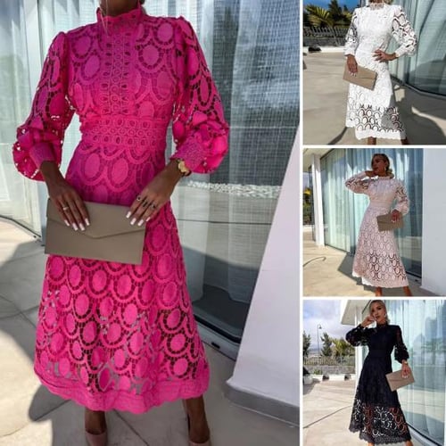 Solid hollow out lace maxi dress discount