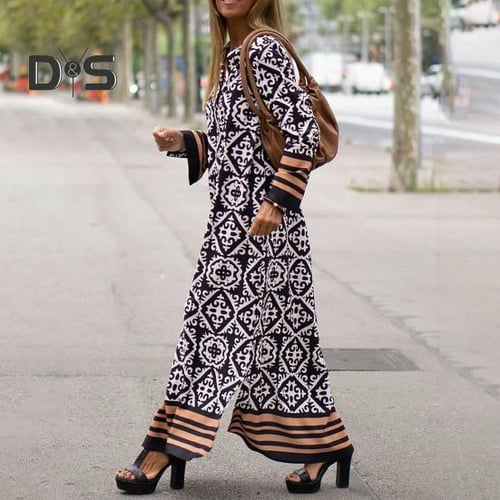 V neck long sleeve printed split casual dress top