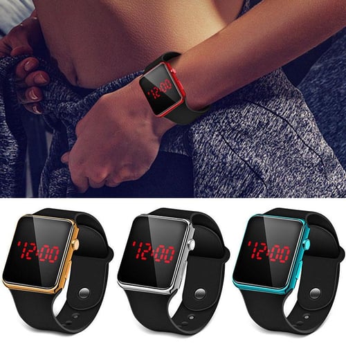 New hot square mirror face silicone band digital watch red led watches sales metal frame