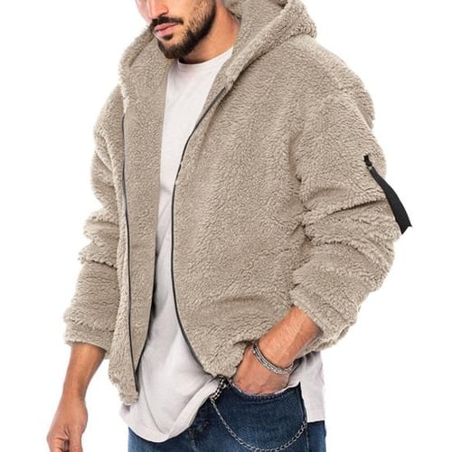 Mens thick fleece winter coat hooded outdoor solid color jacket clearance