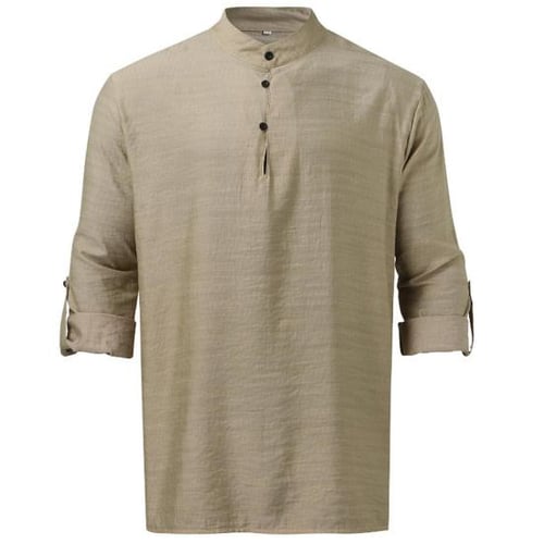 Mens vintage solid color stand collar long sleeve loose casual t shirt sale