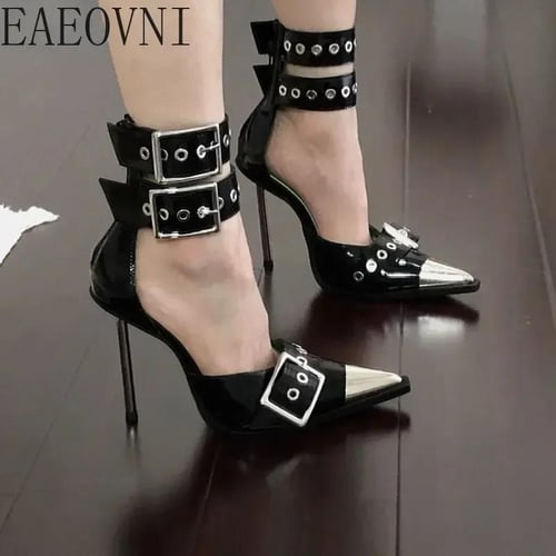 Rivet embellished hollow out buckle peep toe pumps online