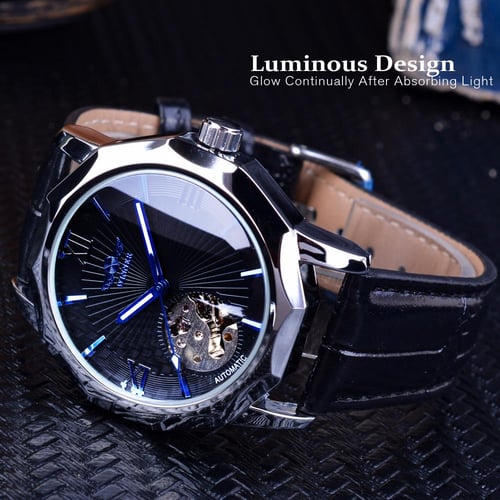 Winner Blue Ocean Geometry Design Transparent Skeleton Dial Mens