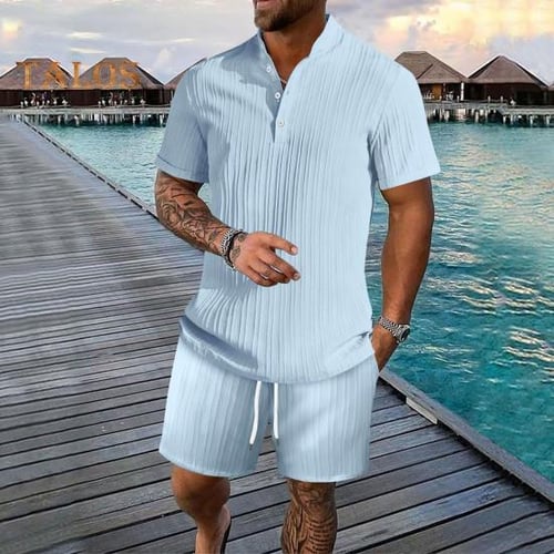 【国内配送】 Stand Outfit Summer Men 2Pcs/Set Collar Neckline Buttons Clothing