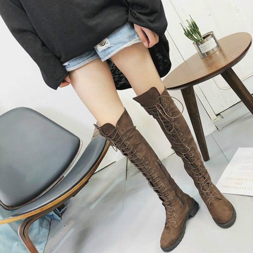 Thigh high lace up flat boots hotsell