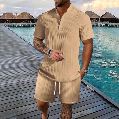 2Pcs/Set Men Summer Outfit Stand Collar Buttons Neckline