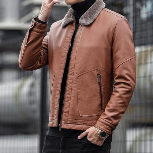Lapel velvet long sleeve leather jacket mens hot sale