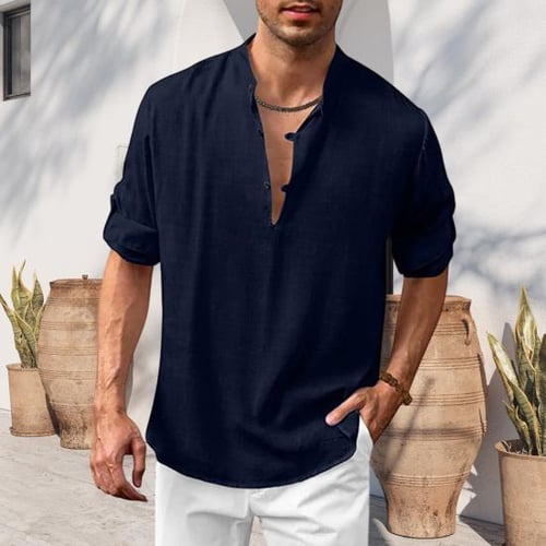 Mens vintage solid color stand collar long sleeve loose casual t shirt top