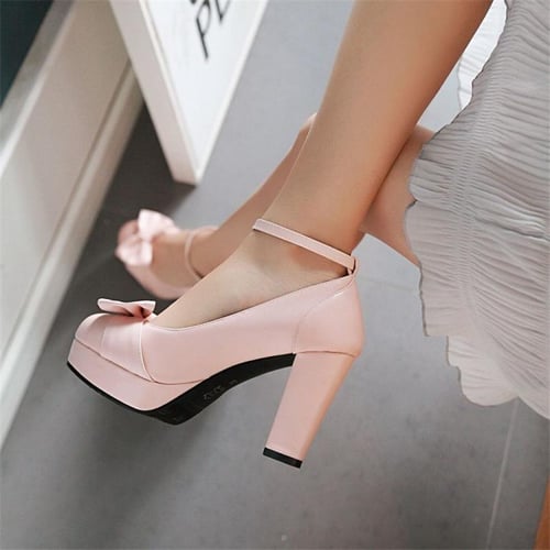 Women Ankle Strap Lolita Pumps Round Toe Block High Heels