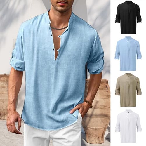 Mens vintage solid color stand collar long sleeve loose casual t shirt online