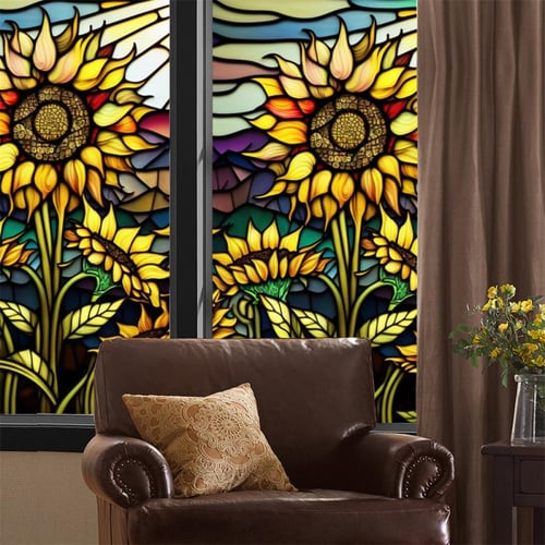 Colorful Sunflower Stained Glass Window Film Removable Uv Blocking