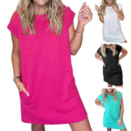 Summer solid color casual loose pockets mini dress on sale