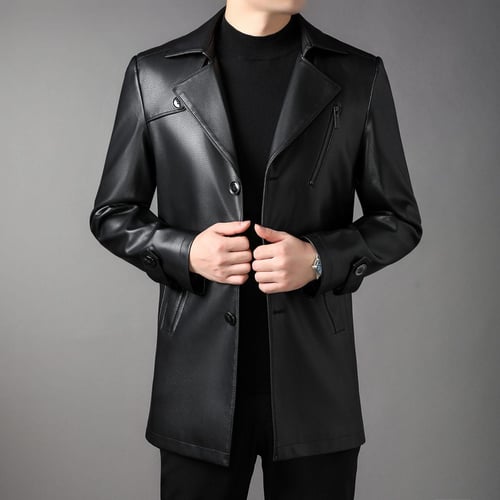Mid length leather jacket mens top